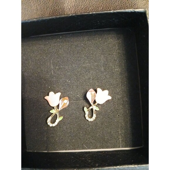 Pink Enamel Tulip Flower Stud Earrings Rhinestones Women - Picture 2 of 8